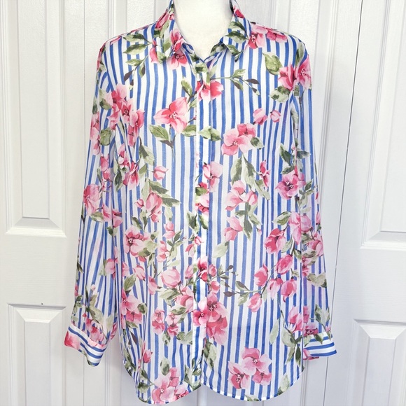 Talbots Tops - Talbots Sheer Floral Blue Stripe Print Long Sleeve Button Down Shirt XL